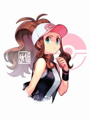  1girl baseball_cap black_vest blue_eyes brown_hair closed_mouth commentary english_commentary hat high_ponytail highres hilda_(pokemon) looking_to_the_side pentagram pink_hat poke_ball_background poke_ball_print pokemon pokemon_black_and_white ponytail simple_background skaggshood solo tank_top two-tone_hat upper_body vest watermark white_background white_hat white_tank_top wristband 