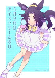  1girl absurdres alternate_costume animal_ears apron black_hair blush bow breasts commentary_request fenomeno_(umamusume) hair_ornament hair_scrunchie highres holding holding_ice_cream_cone horse_ears horse_girl horse_tail ice_cream_cone long_hair looking_at_viewer medium_breasts multicolored_hair parted_lips purple_hair purple_shirt purple_shoes scrunchie shirt shoes short_sleeves skirt socks tail umamusume violet_eyes w3n6e white_apron white_socks white_wrist_cuffs wrist_cuffs yellow_bow 