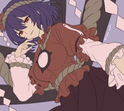  1girl absurdres breasts commentary_request hair_between_eyes hair_ornament highres layered_sleeves leaf leaf_hair_ornament long_sleeves looking_at_viewer maple_leaf medium_breasts medium_hair mirror onbashira open_mouth purple_background purple_hair red_eyes red_skirt rope saika_blossom shimenawa short_over_long_sleeves short_sleeves simple_background skirt smile solo touhou twitter_username yasaka_kanako 