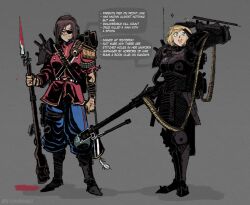  2girls ammunition_belt aqua_eyes armor bayonet black_gloves blonde_hair blood bolt_action breasts brown_eyes brown_hair english_text eyepatch feathers gas_mask gloves grey_background gun hat headset heavy_machine_gun highres large_breasts machine_gun mask mg42 military_uniform multiple_girls original radio_antenna salute science_fiction shoulder_armor stickybones1 tube unworn_headwear weapon 
