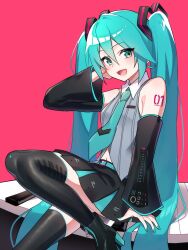  1girl aqua_belt aqua_eyes aqua_hair aqua_necktie aqua_trim bare_shoulders belt black_boots black_skirt black_sleeves black_thighhighs boots collar commentary_request detached_sleeves grey_shirt hair_between_eyes hair_ornament hatsune_miku hatsune_miku_(vocaloid6) heart heart_hair_ornament highres long_hair looking_at_viewer navel_peek necktie number_tattoo pink_background shirt shoulder_tattoo sitting skirt sleeveless sleeveless_shirt smile solo striped_clothes striped_shirt tattoo thigh-highs twintails umi_kubota vertical-striped_clothes vertical-striped_shirt very_long_hair vocaloid white_collar wide_sleeves wing_collar zettai_ryouiki 