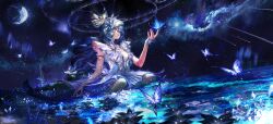  1girl absurdres armlet blue_butterfly blue_hair blue_veil breasts bug butterfly butterfly_on_hand chinese_commentary closed_mouth colored_eyelashes commentary_request commission cross-section dress highres jewelry kingocean large_breasts long_hair night octoling outdoors purple_pupils shorekeeper_(wuthering_waves) sky sleeveless sleeveless_dress solo two-tone_veil veil violet_eyes waves white_dress white_veil wuthering_waves 