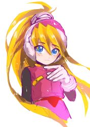  1girl absurdres black_bodysuit blonde_hair blue_eyes bodysuit ciel_(mega_man) closed_mouth commentary_request dot_nose gloves highres long_hair looking_at_viewer mega_man_(series) mega_man_zero_(series) pink_shirt pink_skirt shirt shyu_1014 simple_background skirt smile solo upper_body very_long_hair white_background white_gloves 