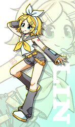  1girl aqua_eyes arm_behind_head blonde_hair bow breasts commentary_request detached_sleeves full_body grey_sailor_collar grey_sleeves hair_bow hair_ornament hairclip headphones headset highres kagamine_rin korean_commentary leg_warmers navel nimon number_tattoo parallel_hairclips sailor_collar shirt shoes short_hair sleeveless sleeveless_shirt small_breasts smile tattoo treble_clef vocaloid white_bow white_shirt white_shoes yellow_nails yellow_trim zoom_layer 