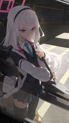  1girl absurdres black_hairband black_jacket black_skirt black_thighhighs blue_archive blue_necktie breasts gun_sling hair_between_eyes hairband halo highres jacket kei_(blue_archive) kei_(student)_(blue_archive) long_hair long_hair_between_eyes multicolored_jacket necktie open_clothes open_jacket pink_eyes pink_halo pleated_skirt railgun re_naya rectangular_halo skirt small_breasts thigh-highs white_hair white_jacket 