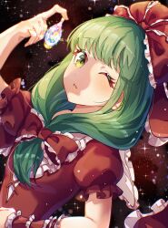  1girl absurdres bow chinese_commentary commentary_request dress frilled_bow frilled_ribbon frills front_ponytail green_eyes green_hair hair_bow hair_ribbon highres jewelry kagiyama_hina looking_at_viewer one_eye_closed red_bow red_dress red_ribbon ribbon solo touhou upper_body xiatianyouzhile 