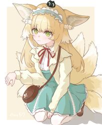  1girl absurdres animal_ears arknights bag blonde_hair blue_hairband cardigan chinese_commentary commentary_request crossover fox_ears fox_girl fox_tail frilled_hairband frills green_eyes hairband heixiu high-waist_skirt highres ice_orange_lovegg kitsune long_hair long_sleeves neck_ribbon official_alternate_costume pantyhose partial_commentary red_ribbon ribbon shirt shoulder_bag skirt solo suzuran_(arknights) suzuran_(spring_praise)_(arknights) tail the_legend_of_luo_xiaohei white_pantyhose white_shirt yellow_cardigan 