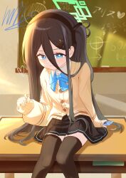  1girl absurdres aris_(blue_archive) blue_archive bow cellphone chair chalkboard classroom desk dress halo highres indoors long_hair long_sleeves looking_at_viewer minimin346539 phone school_chair school_desk skirt smartphone smile solo thigh-highs very_long_hair 