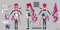  1girl aqua_bow asymmetrical_wings back_bow bandeau belt black_bandeau black_boots black_choker black_gloves black_horns black_skirt blue_eyes boots bow breast_strap breasts checkered_clothes checkered_skirt choker clothes_writing commentary_request copyright_notice crystal_wings detached_wings double_halo earrings elbow_gloves english_commentary gloves grey_background halo heterochromia high_ponytail hololive hololive_english horns irys_(hololive) irys_(race_queenrys)_(hololive) jewelry long_hair medium_breasts miniskirt mixed-language_commentary multiple_views navel necklace official_alternate_costume official_alternate_hairstyle official_art pink_eyes pisuke_wan pleated_skirt pointing_out_the_details pointy_ears ponytail purple_hair reference_sheet second-party_source shorts shorts_under_skirt side_slit sidelocks simple_background skirt star-shaped_pupils star_(symbol) star_halo stomach symbol-shaped_pupils thigh_boots thigh_strap turnaround very_long_hair virtual_youtuber waist_bow white_belt white_skirt wings 