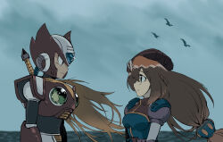  1boy 1girl a_flock_of_seagulls absurdres android armor beret blonde_hair blue_background blue_eyes blush breasts brown_hair chest_jewel commentary dress english_commentary forehead_jewel from_side gloves green_eyes hat helmet highres iris_(mega_man) jewelry long_hair looking_at_another low-tied_long_hair medium_breasts mega_man_(series) mega_man_x_(series) multicolored_dress ocean outdoors overcast ponytail red_armor red_hat red_helmet robot robot_ears robot_girl shoulder_armor shyu_1014 simple_bird sky upper_body white_gloves zero_(mega_man) 