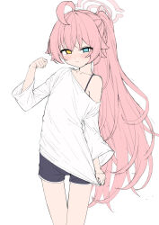  1girl ahoge alternate_costume alternate_hairstyle black_shorts blue_archive blue_eyes blush bra_strap closed_mouth clothes_pull collarbone commentary dolphin_shorts halo heterochromia highres hoshino_(blue_archive) long_hair long_sleeves looking_at_viewer loose_clothes loose_shirt metaljelly off_shoulder pink_hair pink_halo ponytail shirt shirt_pull shirt_tug short_shorts shorts simple_background single_bare_shoulder single_off_shoulder solo untranslatable_commentary very_long_hair white_background white_shirt yellow_eyes 