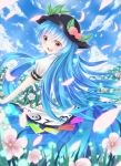  blue_hair cloud clouds curtsey flower food fruit hat hinanawi_tenshi leaf long_hair long_skirt mixarumixa peach red_eyes skirt skirt_hold sky solo touhou 