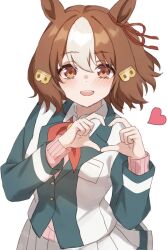  1girl animal_ears astroglia_cyte belno_light_(umamusume) blush brown_hair commentary ear_ornament ear_ribbon four-finger_heart_hands hair_ornament heart heart_hands highres horse_ears horse_girl jacket kasamatsu_tracen_school_uniform long_sleeves looking_at_viewer multicolored_hair multicolored_jacket open_mouth red_ribbon ribbon school_uniform short_hair simple_background skirt smile solo streaked_hair teeth umamusume umamusume:_cinderella_gray upper_teeth_only white_background white_jacket white_skirt white_streaks 
