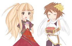  1boy 1girl angel arm_guards belt blonde_hair blush box brown_hair capelet circlet dress eyes_closed heart kid_icarus kid_icarus_uprising long_hair open_mouth pit pit_(kid_icarus) ponytail red_dress short_hair shorts tears viridi wings 