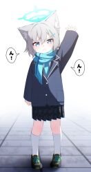  1girl animal_ear_fluff animal_ears aqua_scarf arm_up birthday blazer blue_archive blue_eyes blue_halo blue_necktie blue_scarf commentary_request cross cross_hair_ornament daifuku_momiji grey_hair hair_ornament halo highres inverted_cross jacket kneehighs long_sleeves looking_at_viewer mismatched_pupils necktie pleated_skirt scarf shiroko_(blue_archive) shiroko_(young)_(blue_archive) shoes short_hair skirt socks solo speech_bubble white_socks wolf_ears wolf_girl 