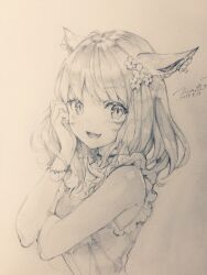  1girl animal_ears cat_ears character_request commentary_request dated facial_mark final_fantasy final_fantasy_xiv flower from_side graphite_(medium) greyscale hair_flower hair_ornament hand_up highres looking_at_viewer looking_to_the_side medium_hair miqo'te momoko_(momopoco) monochrome open_mouth signature simple_background sketch smile solo traditional_media whisker_markings white_background 