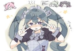  4girls @_@ angels_of_delusion aria_(human)_(zenless_zone_zero) aria_(zenless_zone_zero) black_hair commentary_request corin_wickes cuffs double_v green_hair highres kasumiba_0108 long_hair maid maid_headdress multiple_girls nangong_yu pink_hair puffy_short_sleeves puffy_sleeves screw_hair_ornament short_sleeves solo_focus sunna_(zenless_zone_zero) twintails v v_over_eye violet_eyes zenless_zone_zero 