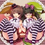  :d :q black_hair brown_eyes brown_hair cake candy doily food glasses hair_ribbon hand_holding hat holding_hands kuroya_shinobu lollipop macaron mini_top_hat multiple_girls nail_polish open_mouth original plaid plaid_skirt purple_eyes ribbon short_hair skirt smile striped thigh-highs thighhighs tongue top_hat twintails violet_eyes 