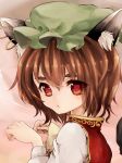  1girl animal_ears brown_hair cat_ears chen close-up earrings face hat highres hoop_earrings hoyashi_rebirth jewelry paw_pose red_eyes short_hair simple_background solo tanhatsu touhou 