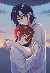 1boy 1girl amate_yuzuriha aqua_eyes blue_hair closed_mouth colored_inner_hair couple gundam gundam_gquuuuuux hetero holding hug long_sleeves looking_at_viewer multicolored_hair o6nuqm purple_hair red_eyes red_hair shirt short_hair shuji_ito smile two-tone_hair upper_body white_shirt 