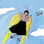  bird blue_hair commentary drsunshine hat hat_ribbon jetpack long_skirt nagae_iku ribbon short_hair skirt sky smile solo surprised touhou 