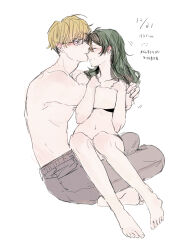  1boy 1girl arsum0731 black_bra black_panties blonde_hair bra brown_pants closed_eyes closed_mouth full_body green_hair hetero highres hug indian_style land_(sousou_no_frieren) long_hair navel one_eye_closed panties pants short_hair simple_background sitting smile soles sousou_no_frieren toes topless_male ubel_(sousou_no_frieren) underwear white_background yellow_eyes 