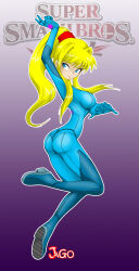  absurdres blonde_hair blue_bodysuit blue_eyes bodysuit boots breasts from_behind from_side gradient_background hair_between_eyes high_heels highres jago_dibuja large_breasts long_hair looking_at_viewer looking_back ponytail purple_background samus_aran sidelocks super_smash_bros. super_smash_bros._logo zero_suit 