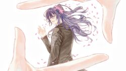  1boy 1other absurdres aqua_eyes black_coat black_eyes coat falling_petals finger_frame flower from_behind hair_flower hair_ornament hand_up heterochromia high_ponytail highres hong_lu_(project_moon) limbus_company long_hair long_sleeves looking_at_viewer looking_back male_focus open_hand open_mouth petals ponytail pov pov_hands project_moon sidelocks simple_background smile solo_focus tian_tian_(mili) waving white_background xiaorourose 