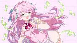  1girl aqua_eyes aqua_ribbon artist_request blazer bow bowtie cardigan game_asset hair_ribbon heart heart_hands jacket long_hair looking_at_viewer momozono_meru muv-luv muv-luv_girls_garden official_art open_clothes open_jacket open_mouth pink_cardigan pink_hair red_bow red_bowtie ribbon school_uniform skirt solo teeth third-party_source two_side_up upper_teeth_only white_jacket white_skirt 