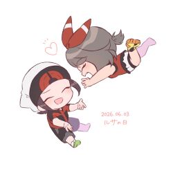  1boy 1girl :d beanie brendan_(pokemon) brown_hair chibi chibi_only closed_eyes commentary dated fang green_shoes hat heart highres may_(pokemon) open_mouth pants pokemon pokemon_omega_ruby_and_alpha_sapphire red_shirt shirt shoes short_sleeves shorts smile translation_request tsukimi_(tkm_516) untranslatable_commentary white_background white_hat white_shorts yellow_shoes zipper_pull_tab 