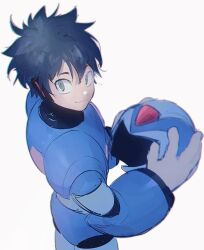  1boy android armor black_hair blue_armor blue_helmet commentary_request cowboy_shot forehead_jewel from_behind green_eyes helmet holding holding_unworn_helmet lemon_inu looking_at_viewer male_focus mega_man_(series) mega_man_x_(series) short_hair simple_background solo spiky_hair unworn_headwear unworn_helmet weapon white_background x_(mega_man) 