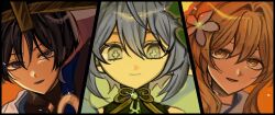  1boy 2girls black_bodysuit black_hair blonde_hair blue_cape blue_kimono blunt_ends bodysuit bright_pupils cape choppy_bangs closed_mouth column_lineup commentary_request covered_collarbone cross-shaped_pupils derivative_work eyeliner flower gem genshin_impact glint green_eyes green_gem grey_eyes hair_between_eyes hair_flower hair_ornament hat highres imagirl_0 japanese_clothes jingasa juban kimono looking_down looking_up lower_eyelashes_only lumine_(genshin_impact) makeup multiple_girls nahida_(genshin_impact) red_eyeliner revision scaramouche_(genshin_impact) scarf scene_reference short_hair short_hair_with_long_locks side_cape sidelocks smile symbol-shaped_pupils tareme tsurime turtleneck turtleneck_bodysuit wanderer_(genshin_impact) white_flower white_hair white_kimono white_pupils white_scarf yellow_eyes 