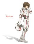  banagher_links boots brown_eyes brown_hair gundam gundam_unicorn headwear_removed helmet helmet_removed male pilot_suit redpipin short_hair solo 