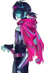  0916psy 1other absurdres androgynous armor belt black_hair black_unitard blue_skin cape colored_skin commentary_request delta_rune_(symbol) deltarune fingerless_gloves gauntlets gloves hair_between_eyes highres holding holding_sheath korean_commentary kris_(dark_world)_(deltarune) kris_(deltarune) multicolored_hair other_focus pink_cape ponytail sheath sheathed short_hair silver_belt simple_background solo sword utdr_(toby_fox) weapon 