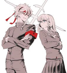  1boy 1girl aqua_eyes armband braid closed_mouth command_spell commentary_request cowboy_shot crossed_arms eye_contact fate/strange_fake fate_(series) gakuran gloves headband highres jacket korean_commentary looking_at_another meganebeeam monochrome multicolored_hair positive_vs_negative_(vocaloid) red_armband red_eyes red_headband richard_i_(fate) sailor_collar sailor_shirt sajou_ayaka_(fate/strange_fake) school_uniform shirt small_sweatdrop spot_color streaked_hair 