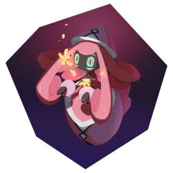  1girl aqua_eyes bandeau black_skin border colored_skin commentary_request floating flower full_body hat highres korean_commentary long_hair looking_at_viewer no_mouth pink_hair pink_hat pokemon pokemon_(creature) purple_background simple_background sok_(mr14_c) solo tapu_lele white_bandeau white_border yellow_flower 