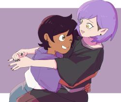  2girls amity_blight arms_around_another's_waist black_hair black_nails brown_eyes brown_hair dark-skinned_female dark_skin grin highres hug ini_yoy light_blush luz_noceda multicolored_hair multiple_girls one_eye_closed pointy_ears purple_hair short_hair short_sleeves smile the_owl_house two-tone_hair yellow_eyes yuri 