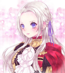  1girl ben-day_dots breasts cape closed_mouth commentary_request edelgard_von_hresvelg fire_emblem fire_emblem:_three_houses garreg_mach_monastery_uniform hair_ribbon long_hair looking_at_viewer medium_breasts pink_background ponac purple_ribbon red_cape ribbon screentones simple_background solo upper_body violet_eyes white_hair 