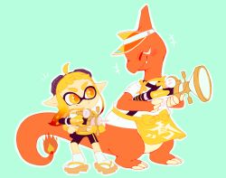  1girl apron bike_shorts black_shorts blue_background charmeleon claws closed_mouth clothed_pokemon commentary commission crossover english_commentary fang full_body goggles goggles_on_head gun holding holding_gun holding_weapon inkling inkling_girl inkling_player_character motobug pointy_ears pokemon second-party_source shirt shorts smile socks splatoon_(series) sploosh-o-matic_(splatoon) tabi tentacle_hair weapon white_shirt white_socks yellow_apron yellow_eyes 
