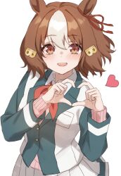  1girl animal_ears astroglia_cyte belno_light_(umamusume) blush brown_hair commentary_request ear_ornament ear_ribbon four-finger_heart_hands hair_ornament heart heart_hands highres horse_ears horse_girl jacket kasamatsu_tracen_school_uniform long_sleeves looking_at_viewer multicolored_hair multicolored_jacket open_mouth red_ribbon ribbon school_uniform short_hair simple_background skirt smile solo streaked_hair teeth umamusume umamusume:_cinderella_gray upper_teeth_only white_background white_jacket white_skirt white_streaks 