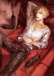  absurdres blonde_hair bottle bracelet casual couch cup fate/zero fate_(series) gilgamesh highres jewelry male missingcat318 necklace realistic red_eyes snakeskin snakeskin_print solo wine wine_glass 
