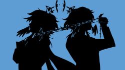  2boys back-to-back blue_background broken_halo cape commentary dual_persona english_commentary eye_symbol feathered_wings from_side halo halo_behind_head hand_up head_wings holding_thorn honkai:_star_rail honkai_(series) long_sleeves male_focus medium_hair multiple_boys own_hands_clasped own_hands_together parted_lips profile prxjectray silhouette simple_background strangling sunday_(honkai:_star_rail) sunday_(sacerdos'_relived_ordeal)_(honkai:_star_rail) thorns upper_body wings 