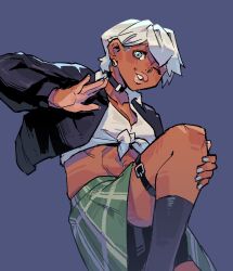  1girl belt black_belt black_bra bob_cut bra breasts commentary crop_top cropped_jacket dark-skinned_female dark_skin elena_(street_fighter) elena_(trendy)_(street_fighter) english_commentary front-tie_top green_skirt highres lips long_sleeves looking_at_viewer medium_breasts midriff nail_polish nycnouu official_alternate_costume one_eye_closed print_skirt shirt short_hair skirt solo standing standing_on_one_leg street_fighter street_fighter:_duel thigh_belt thigh_strap tied_shirt underwear white_hair 