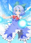  blue_dress blue_eyes blue_hair blue_sky bow cirno cloud clouds dress energy_ball fang hair_bow nogisaka_kushio outstretched_arms shirt short_hair sky smile solo thigh-highs thighhighs touhou white_legwear wings 