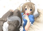  animal_ears bed_sheet between_legs black_legwear blue_dress blue_eyes brown_hair chain collar dog_ears dog_tail dress fangs feet hand_on_knee highres lying on_back open_mouth original pantyhose pillow sakuraebi_chima short_hair solo tail tail_between_legs v 