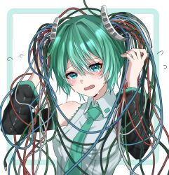  1girl aqua_eyes aqua_hair aqua_necktie aqua_trim bare_shoulders black_sleeves breasts cable_hair commentary_request crying detached_sleeves flying_sweatdrops hair_between_eyes hair_intakes hatsune_miku highres looking_at_viewer necktie peanut_mouth portrait shirt sleeveless sleeveless_shirt small_breasts solo tears twintails vocaloid white_background white_shirt wing_collar yu_to_shake 