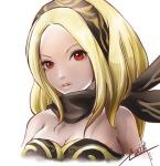  bare_shoulders blonde_hair breasts bust cleavage dark_skin gravity_daze kat_(gravity_daze) kitten_(gravity_daze) lowres red_eyes scarf short_hair signature solo vantro 