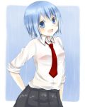  :d blue_background blue_eyes blue_hair bra buttons highres looking_at_viewer mahou_shoujo_madoka_magica miki_sayaka necktie open_mouth pink_bra pleated_skirt rain ri_04xx see-through shirt skirt sleeves_rolled_up smile solo standing underwear wet wet_clothes white_shirt 