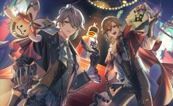  2boys absurdres alhaitham_(genshin_impact) alhaitham_(kfc)_(genshin_impact) aqua_eyes aranara_(genshin_impact) ascot black_gloves black_jacket black_pants black_vest blonde_hair cape commentary_request fingerless_gloves genshin_impact gloves grey_hair highres holding holding_mask jacket kaveh_(genshin_impact) long_sleeves male_focus mask mehrak_(genshin_impact) multiple_boys narahazime open_mouth pants red_cape red_eyes shirt short_hair smile vest white_ascot white_shirt 