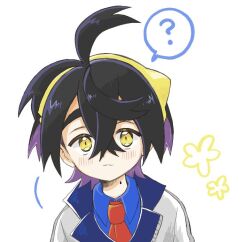  1boy ? black_hair blue_shirt blush closed_mouth collared_shirt commentary_request flower_symbol grey_jacket hair_between_eyes hairband jacket kieran_(pokemon) looking_at_viewer male_focus mole mole_on_neck multicolored_hair nagiri_549 pokemon pokemon_scarlet_and_violet purple_hair shirt simple_background solo spoken_question_mark upper_body white_background yellow_eyes yellow_hairband 